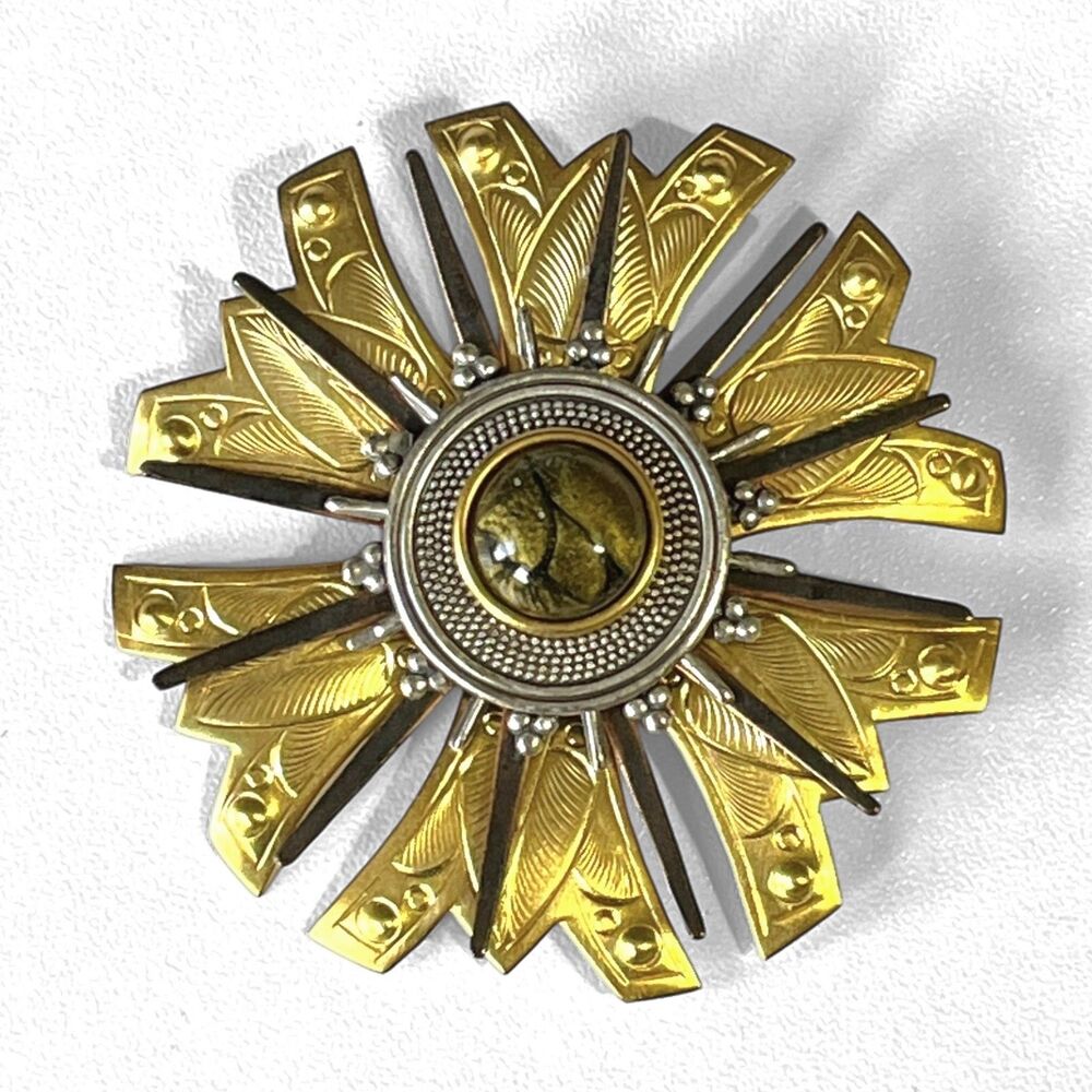 VTG Brooch Pin Gold Tone Sunburst Flower Cabochon Textured Leaf Statement 2.25"